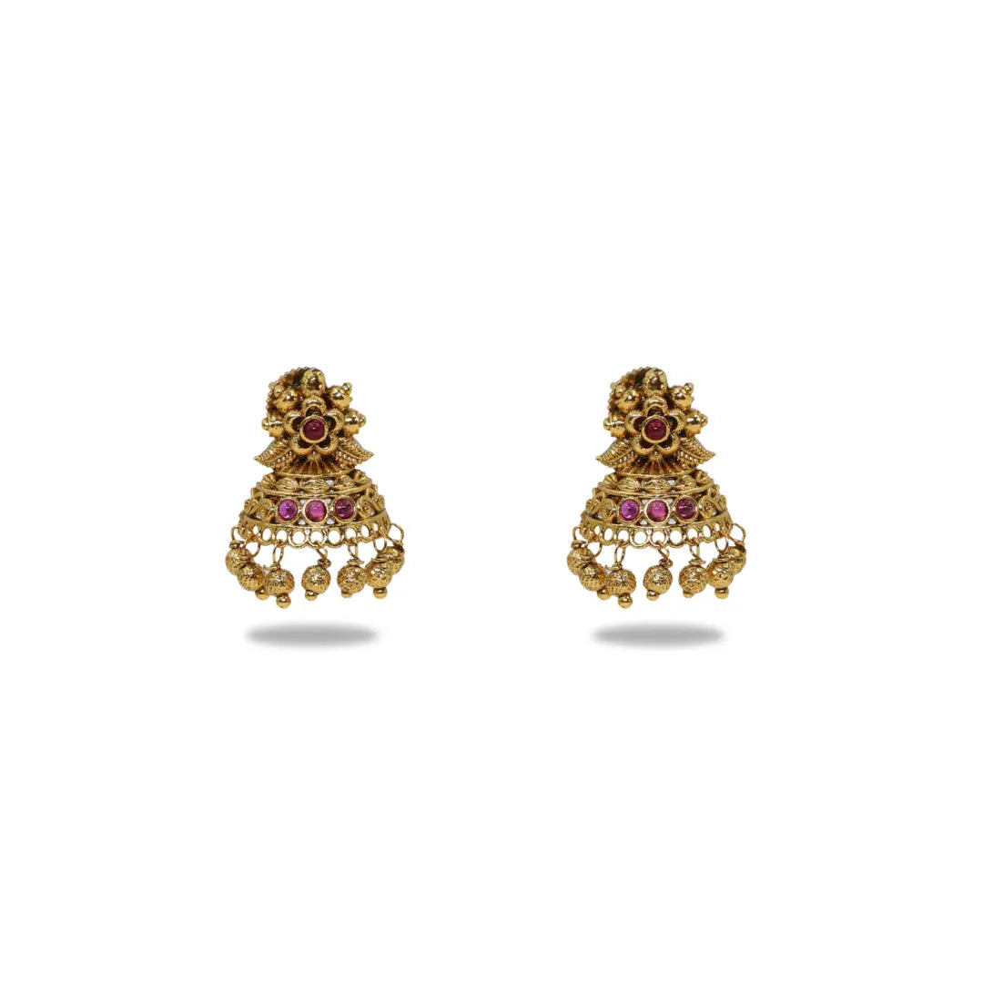 Antique Gold Plated Temple Jhumka with Floral Motif R-2263