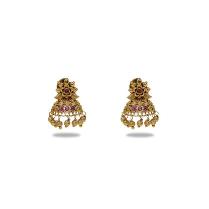 Antique Gold Plated Temple Jhumka with Floral Motif R-2263
