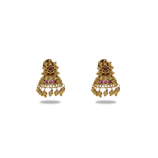 Antique Gold Plated Temple Jhumka with Floral Motif R-2263