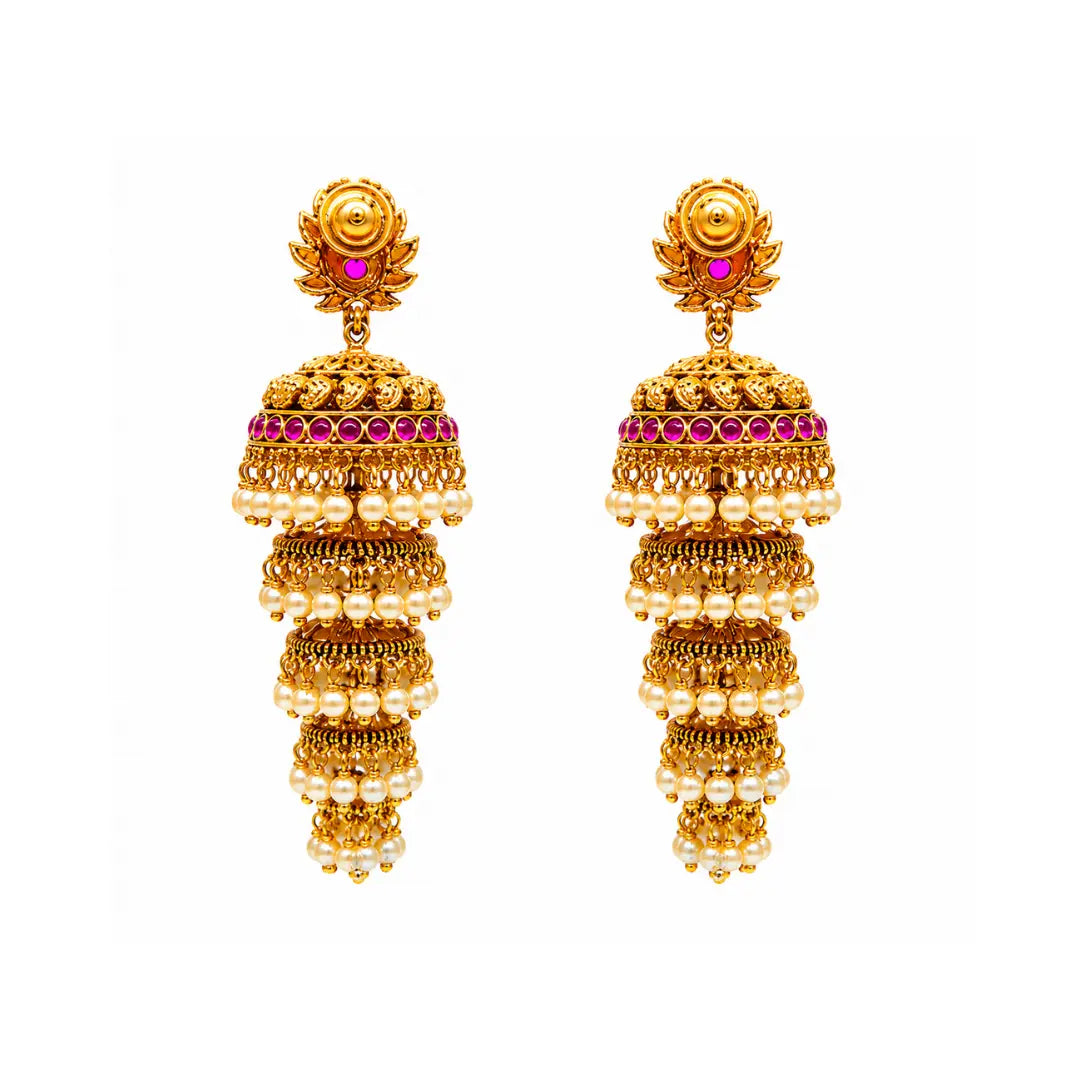 Abharana Shri Jhumka | Gold-Plated Lakshmi Temple Bridal Earrings R-2641