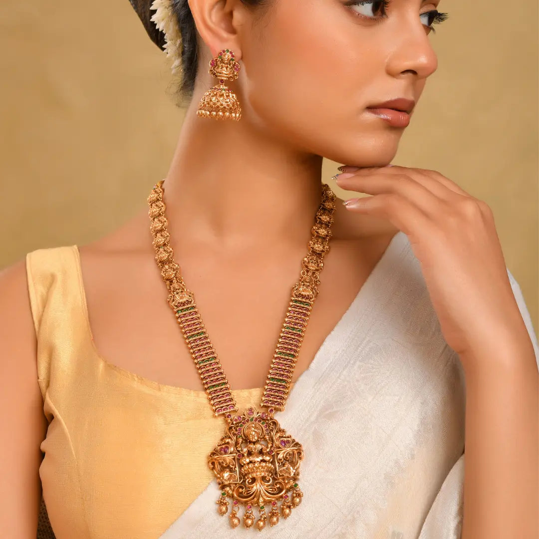 Antique Gold Lakshmi Lotus Long Necklace Set P-1113