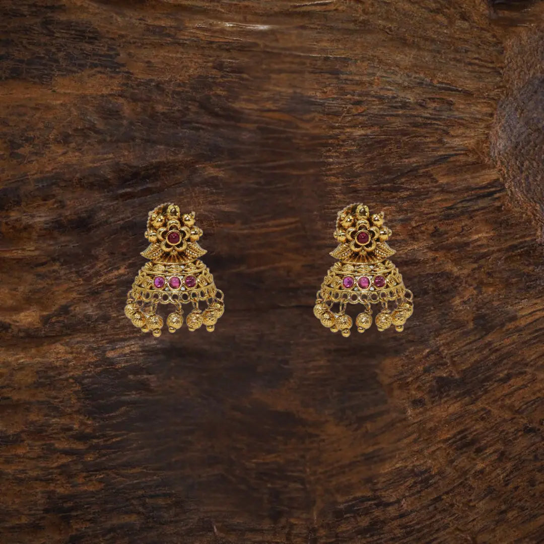 Antique Gold Plated Temple Jhumka with Floral Motif R-2263