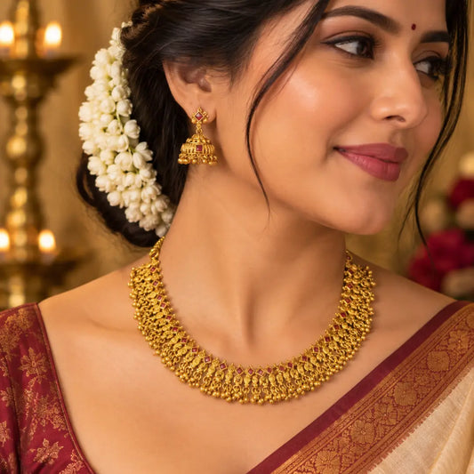 Tirumala Pushpa Kanti Short Necklace Set | Gold-Plated Temple Jewellery K-1859