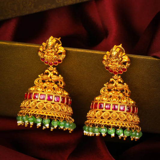 Laxmi Temple Jhumka Earrings with Ruby & Emerald Beads
