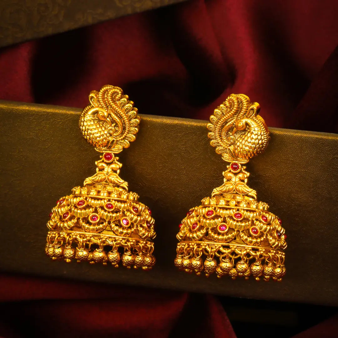 Kokila Rekha Jhumka | Gold-Plated Elegant Temple Line Earrings
