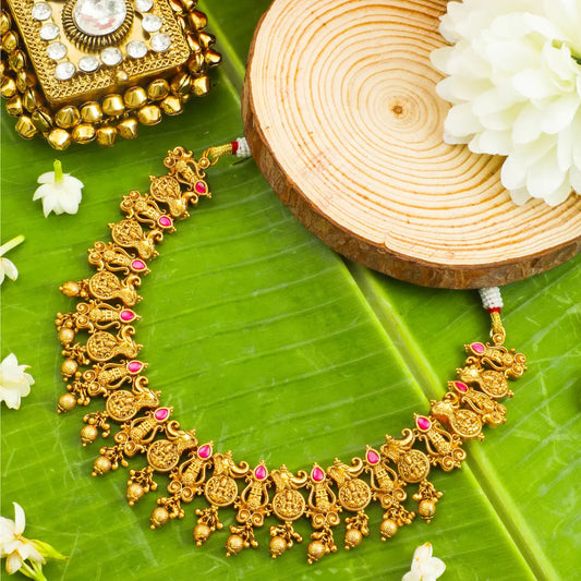 Deepa Neela Temple Jewellery Short Necklace Set with Blue Stones