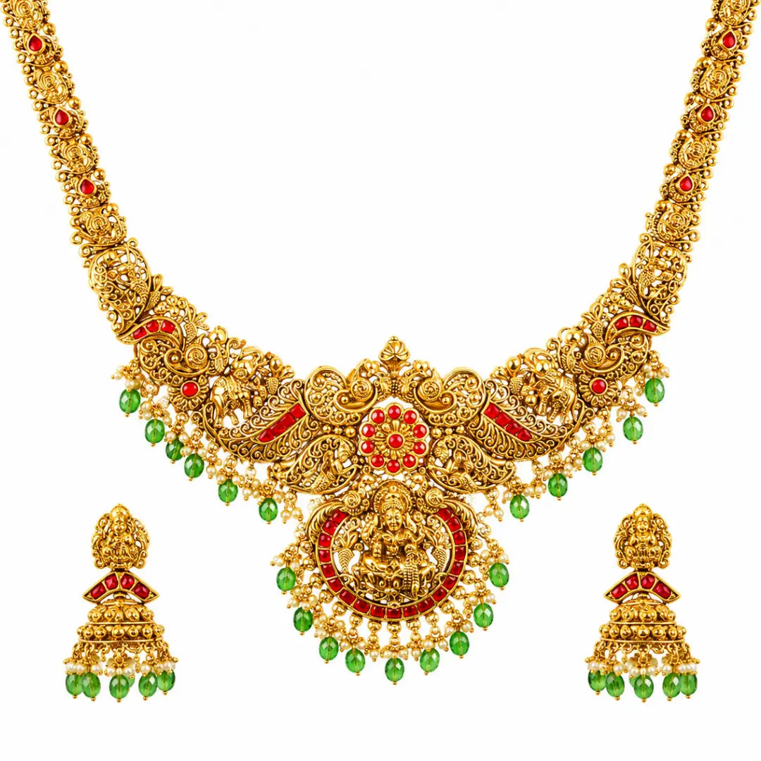 Meenakshi Rekha Haram Long Necklace Set | Gold-Plated Temple Jewellery J-867