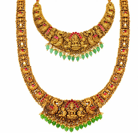Swarna Muthu Antique Kanti Combo Necklace Set | Gold-Plated Temple J-1027N