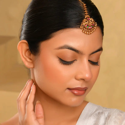 Antique Temple Jewellery Maang Tikka with Pearl Drops J-1255