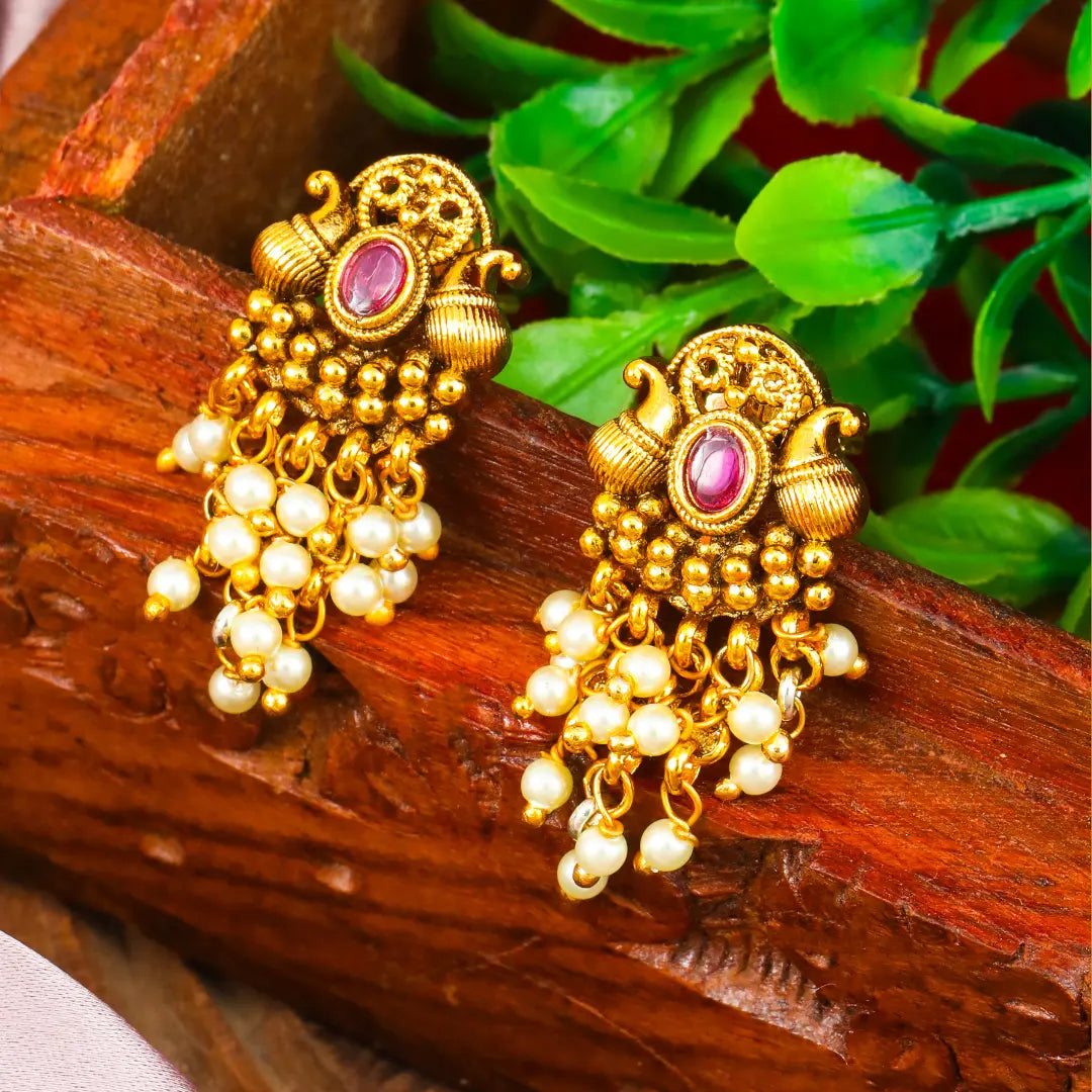 Antique Gold Minimal Bali Earrings – Pearl Drop Temple Style
