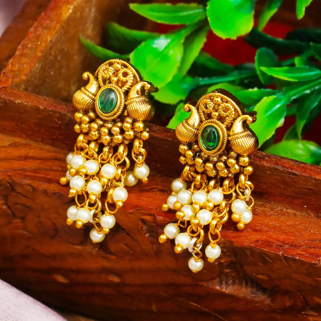 Antique Gold Minimal Bali Earrings – Pearl Drop Temple Style