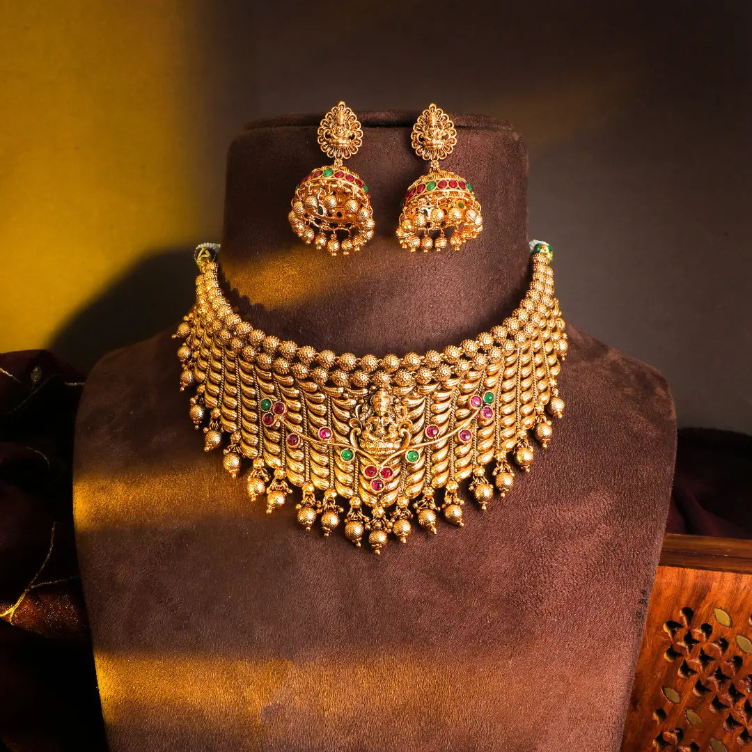 Antique Ruby-Green Peacock Temple Choker Set&nbsp;