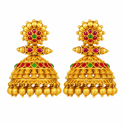 Dwiranga Tarana Jhumka | Dual-Tone Temple Gold-plated Earrings R-2580