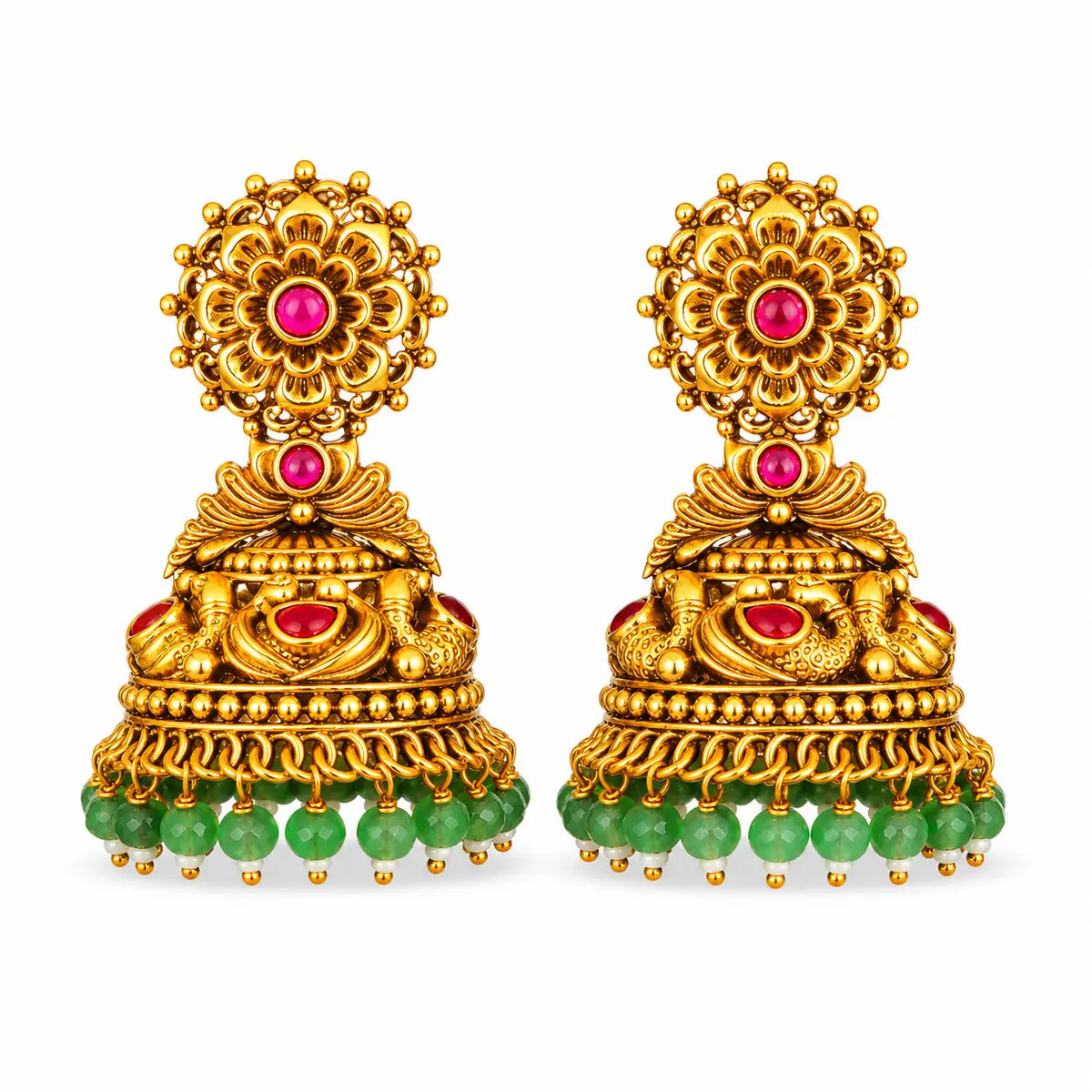 Ratna Garbha Jhumka | Gold-Plated Gemstone Temple Drop Earrings