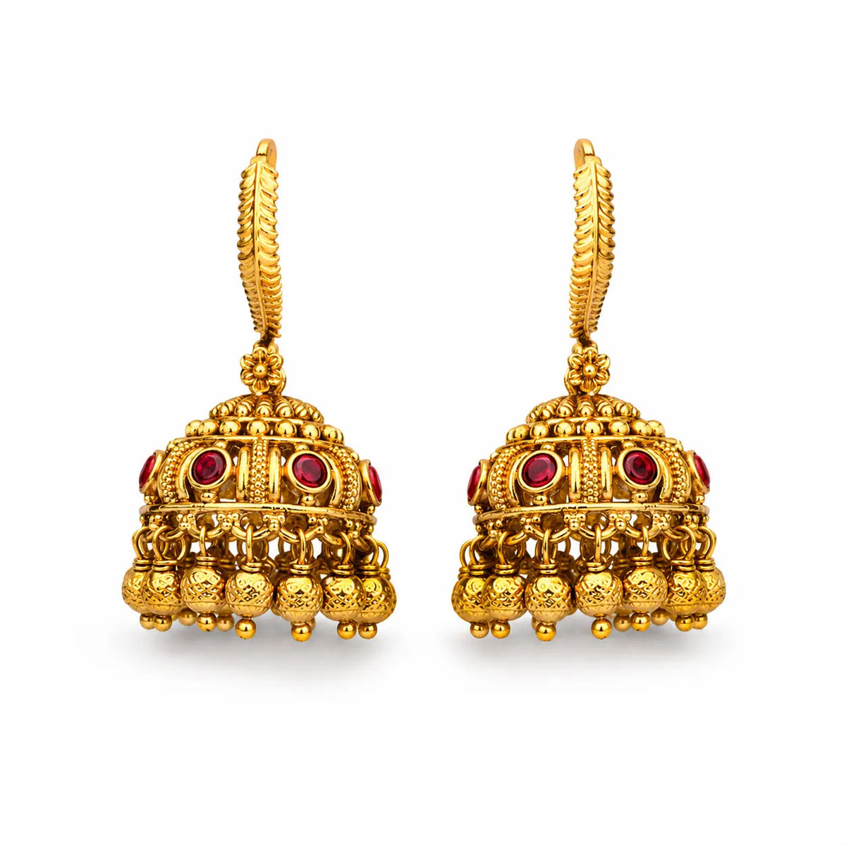 Ratna Ghungroo Jhumka | Gold-Plated Gemstone Bell Temple Earrings T-90