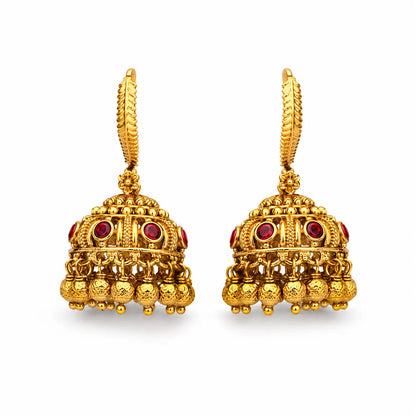 Ratna Ghungroo Jhumka | Gold-Plated Gemstone Bell Temple Earrings T-90