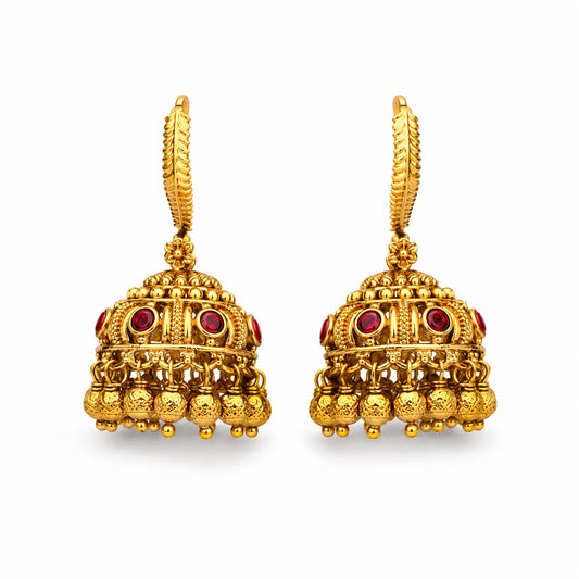 Ratna Ghungroo Jhumka | Gold-Plated Gemstone Bell Temple Earrings T-90