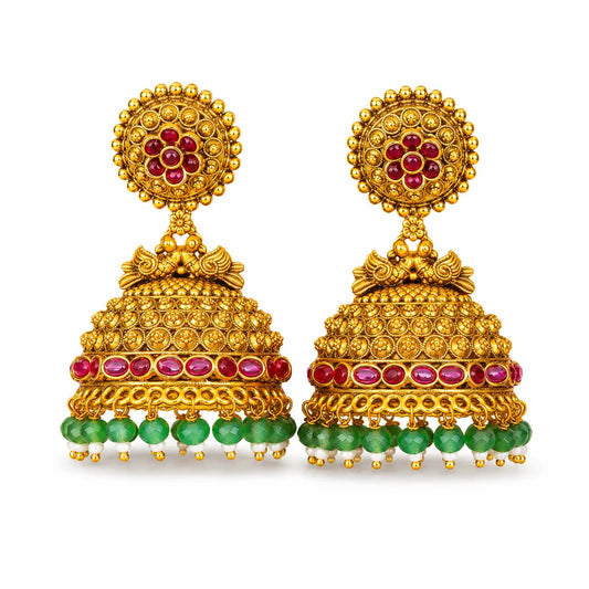 Vasudha Pushpa Jhumka | Gold-Plated Earth Floral Temple Earrings