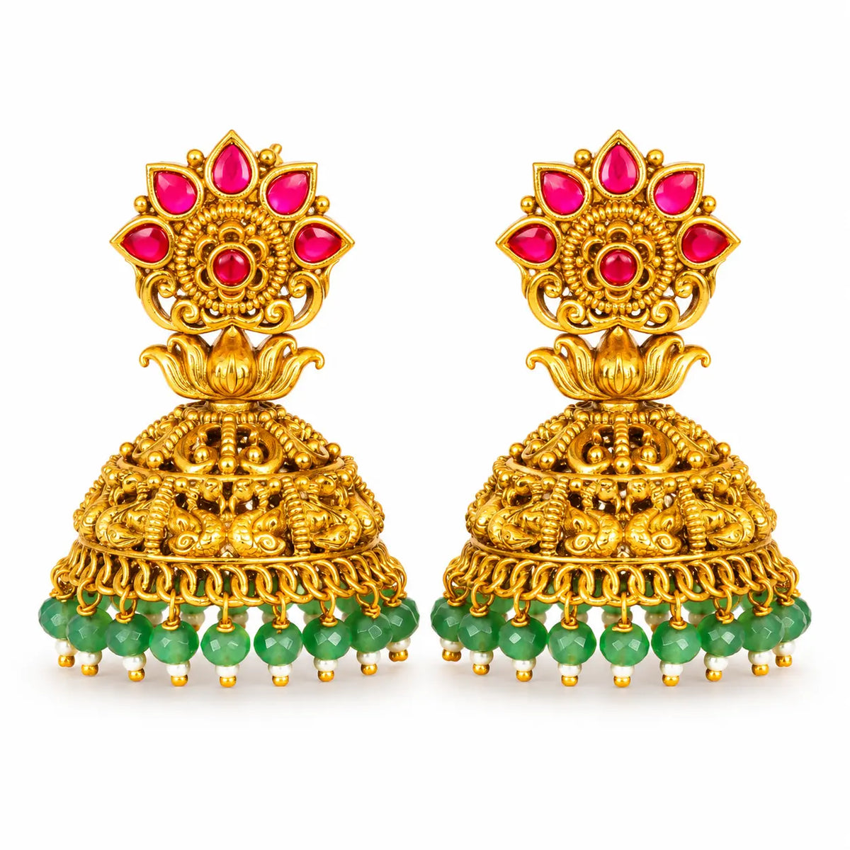 Kamala Vana Jhumka | Gold-Plated Lotus Forest Temple Earrings