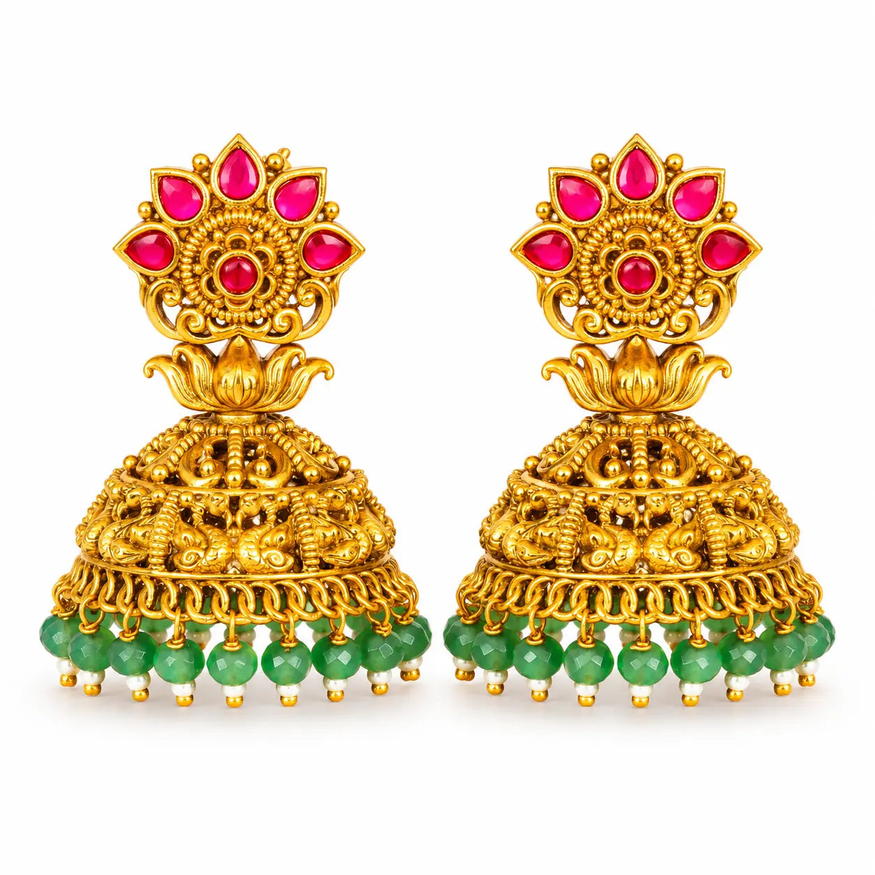 Kamala Vana Jhumka | Gold-Plated Lotus Forest Temple Earrings