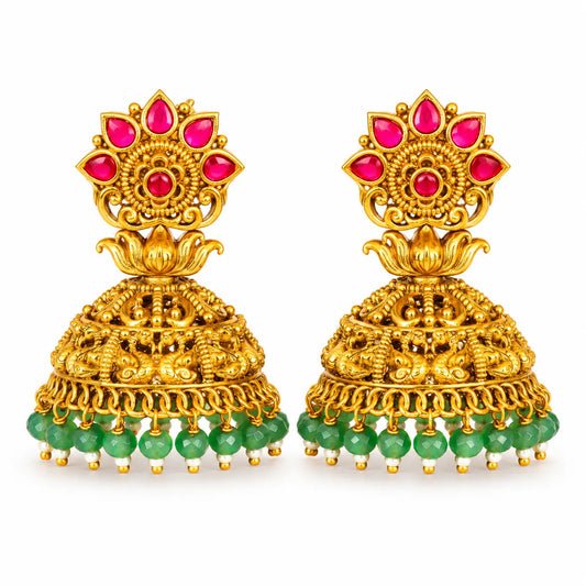 Kamala Vana Jhumka | Gold-Plated Lotus Forest Temple Earrings
