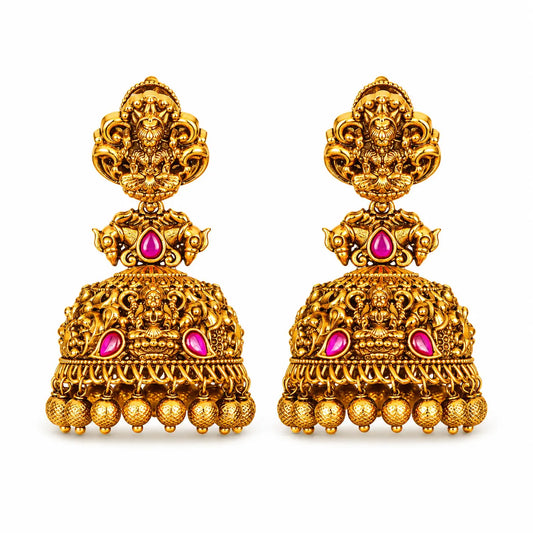 Parna Mukta Jhumka | Gold-Plated Pearl Leaf Temple Drop Earrings