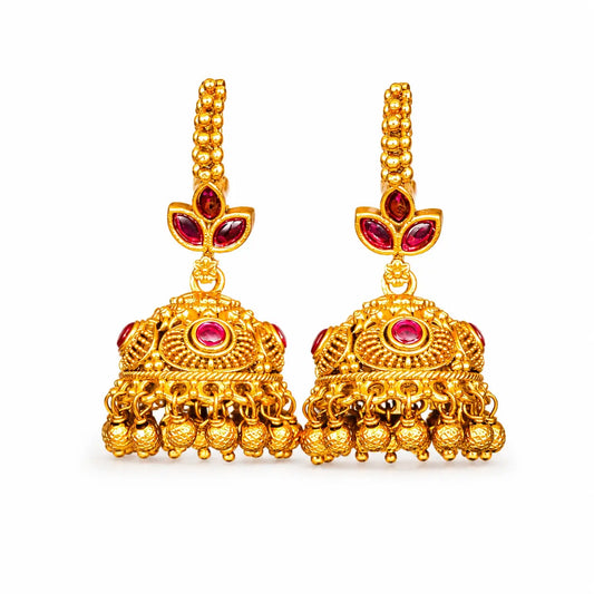 Pushpa Jhumki Jhumka | Gold-Plated Floral Temple Stud Earrings T-87
