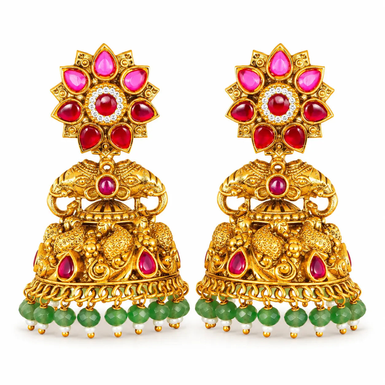 Surya Gaja Jhumka | Gold-Plated Sun Elephant Temple Earrings