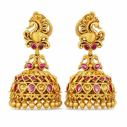 Mayura Ratna Jhumka | Gold-Plated Peacock Gemstone Temple Earrings