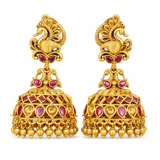 Mayura Ratna Jhumka | Gold-Plated Peacock Gemstone Temple Earrings