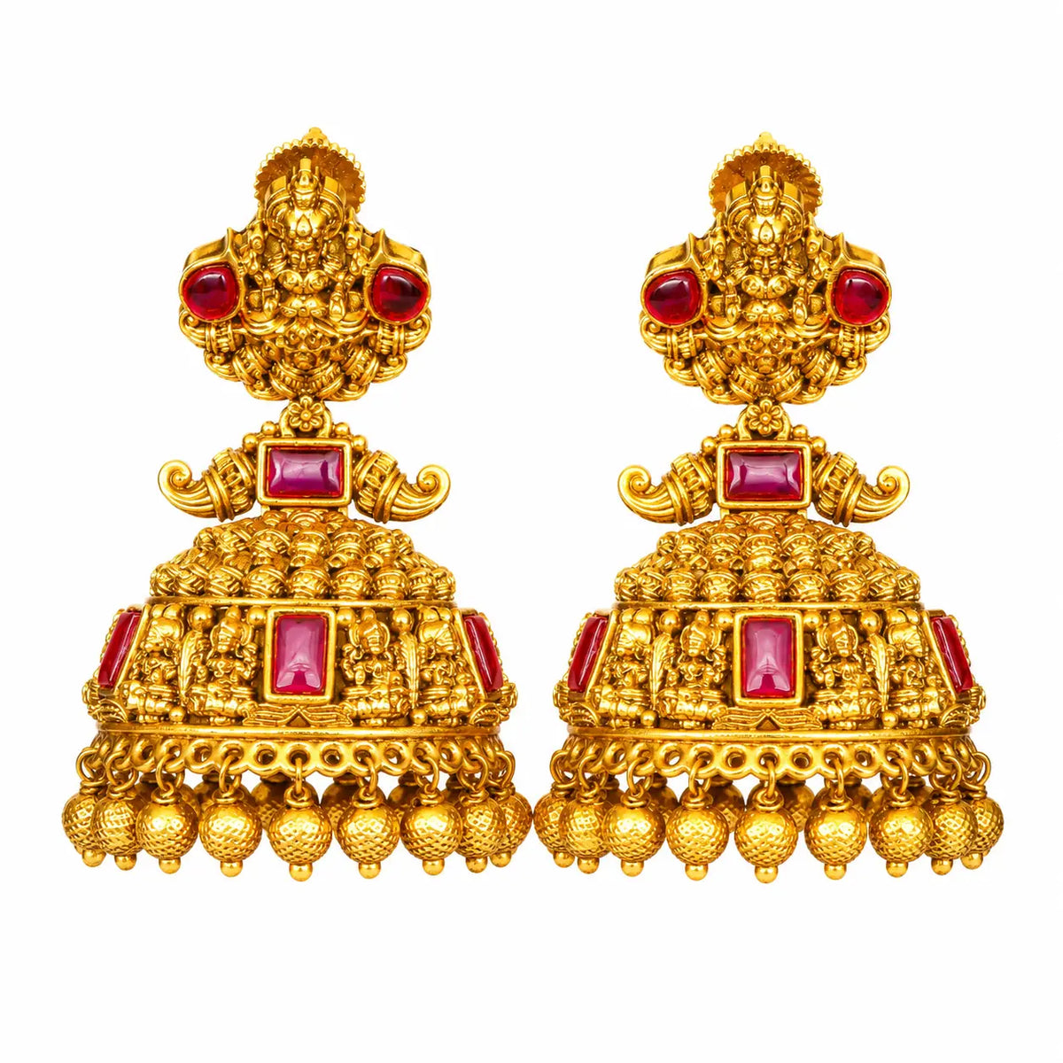 Kalinda Shri Laxmi Temple Jhumka – Ruby & Emerald Gold-Plated Earrings