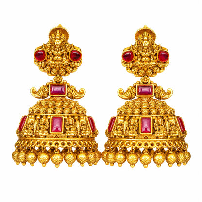 Kalinda Shri Laxmi Temple Jhumka – Ruby & Emerald Gold-Plated Earrings