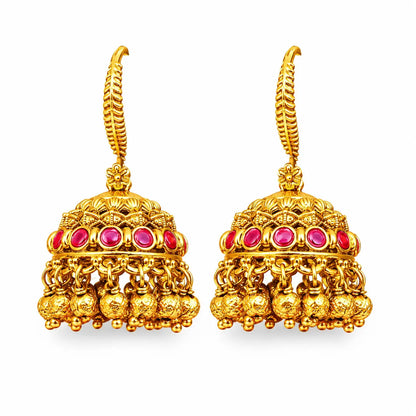 Kesari Manjula Jhumka | Gold-Plated Saffron Floral Temple Earrings T-96