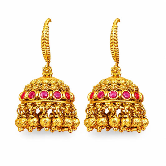 Kesari Manjula Jhumka | Gold-Plated Saffron Floral Temple Earrings T-96