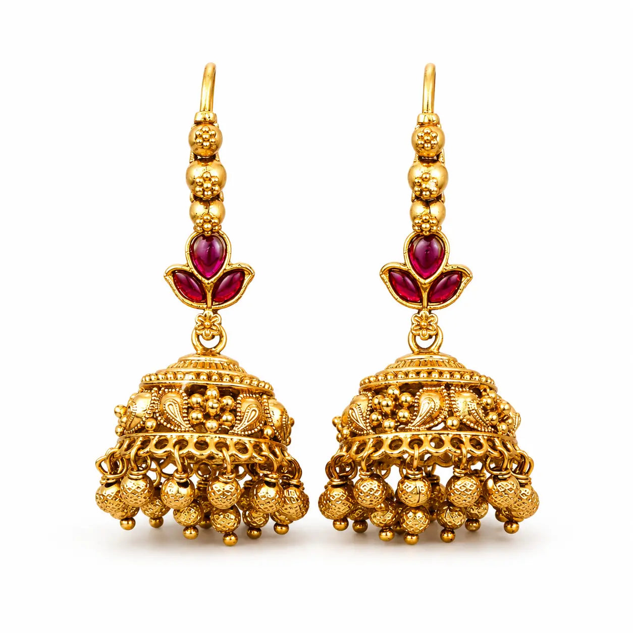 Ratna Kamala Ghanta Jhumka | Gold-Plated Ruby Lotus Temple Earrings