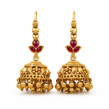 Ratna Kamala Ghanta Jhumka | Gold-Plated Ruby Lotus Temple Earrings