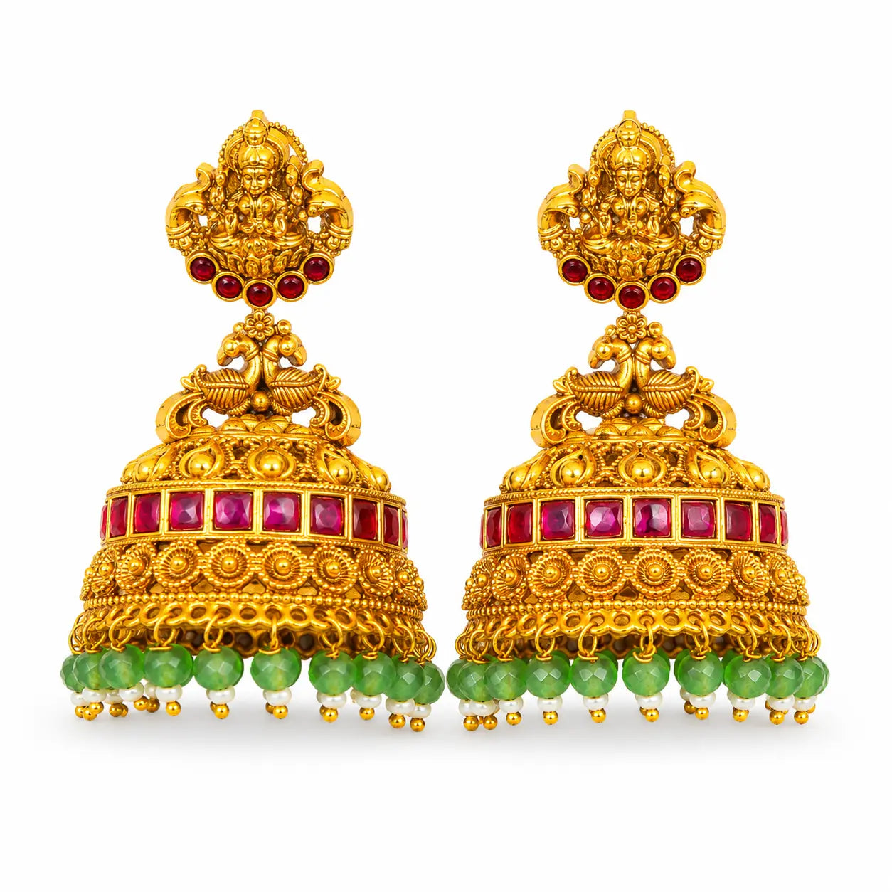 Laxmi Temple Jhumka Earrings with Ruby & Emerald Beads