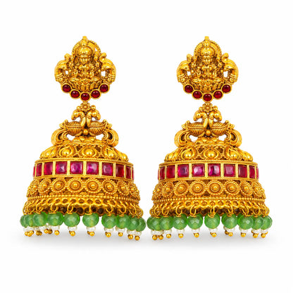 Laxmi Temple Jhumka Earrings with Ruby & Emerald Beads