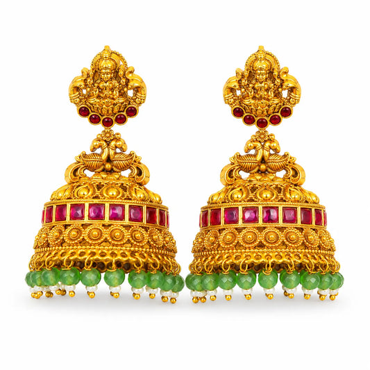 Laxmi Temple Jhumka Earrings with Ruby & Emerald Beads