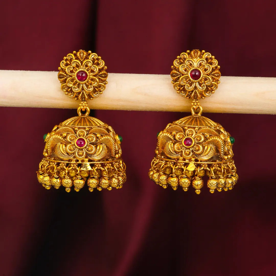 Classic Temple Floral Jhumkas – Gold-Plated Ethnic Earrings