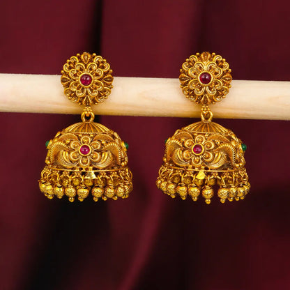 Classic Temple Floral Jhumkas – Gold-Plated Ethnic Earrings