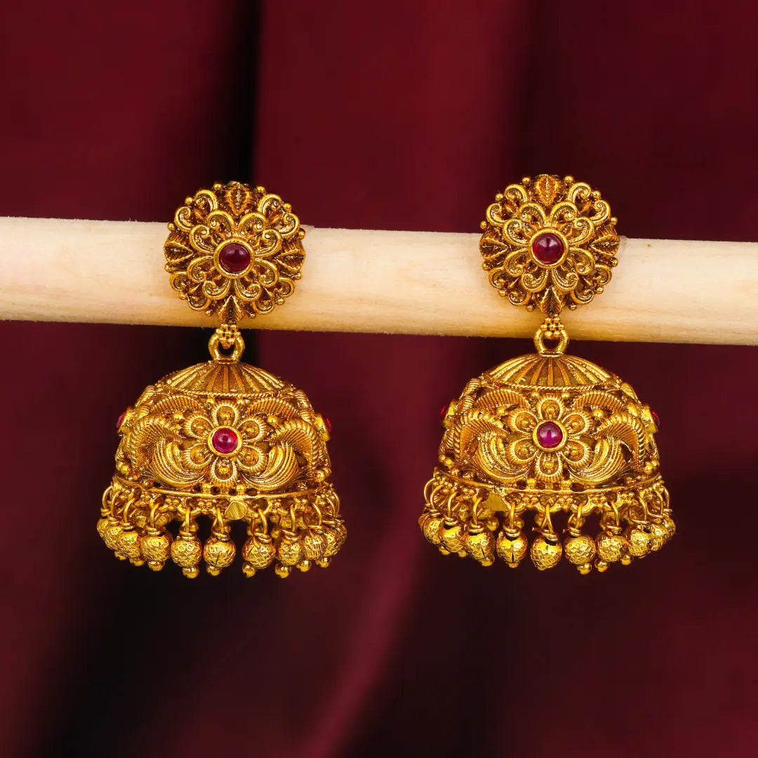 Classic Temple Floral Jhumkas – Gold-Plated Ethnic Earrings