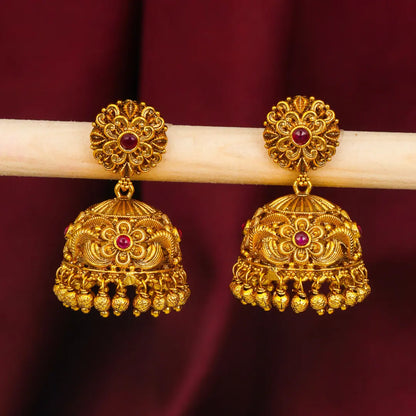 Classic Temple Floral Jhumkas – Gold-Plated Ethnic Earrings