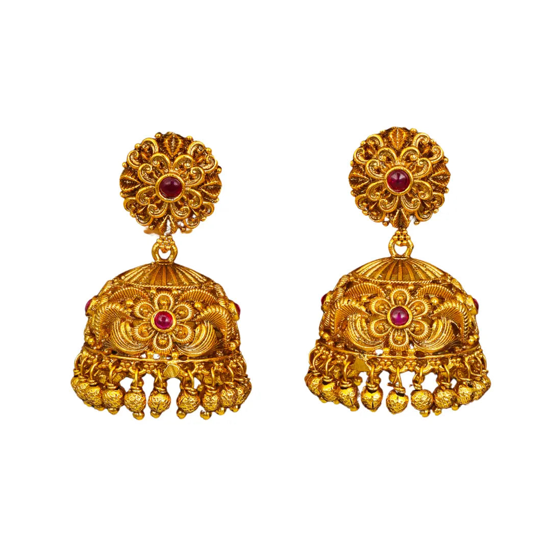 Classic Temple Floral Jhumkas – Gold-Plated Ethnic Earrings