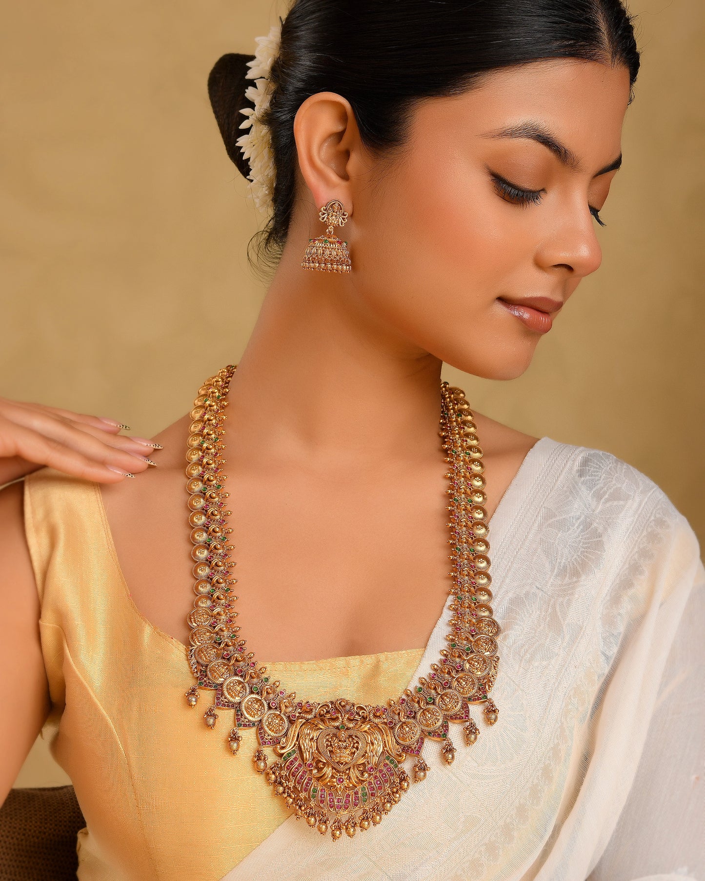 Premium Gold-Plated Laxmi Temple Long Necklace Set K-1315