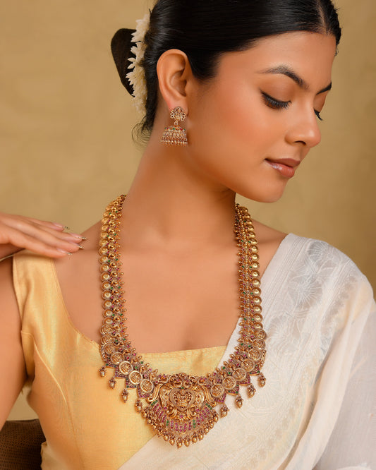 Premium Gold-Plated Laxmi Temple Long Necklace Set