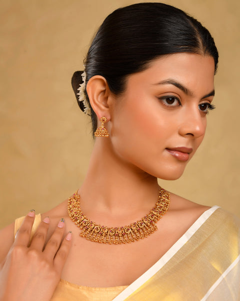 Elephant Motif Temple Jewellery Short Necklace Set with Jhumka K-1870