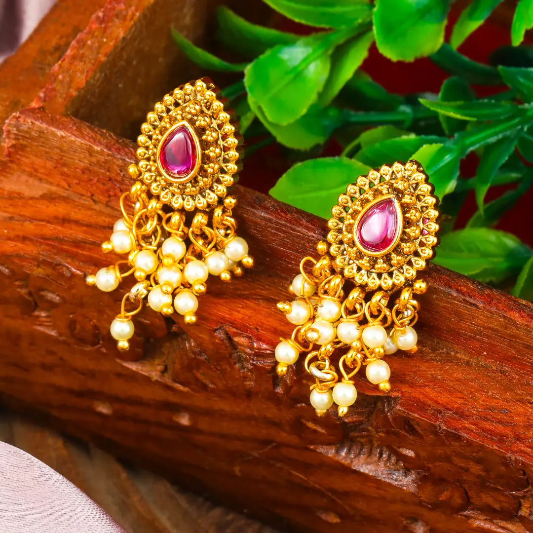 Elegant Minimal Temple Bali Earrings – Gold-Plated Ruby Pearl Design R-2153