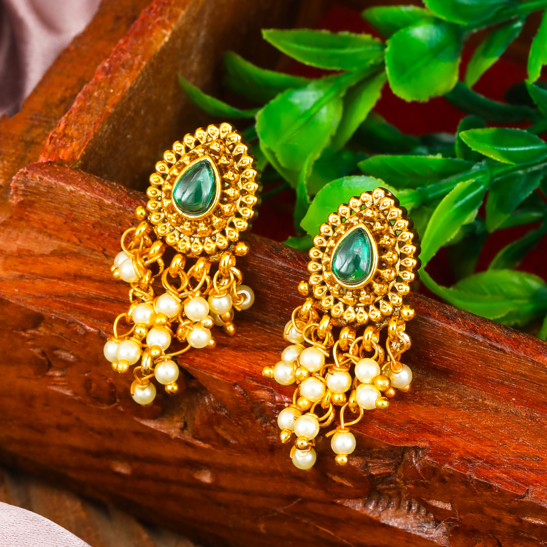 Elegant Minimal Temple Bali Earrings – Gold-Plated Ruby Pearl Design R-2153