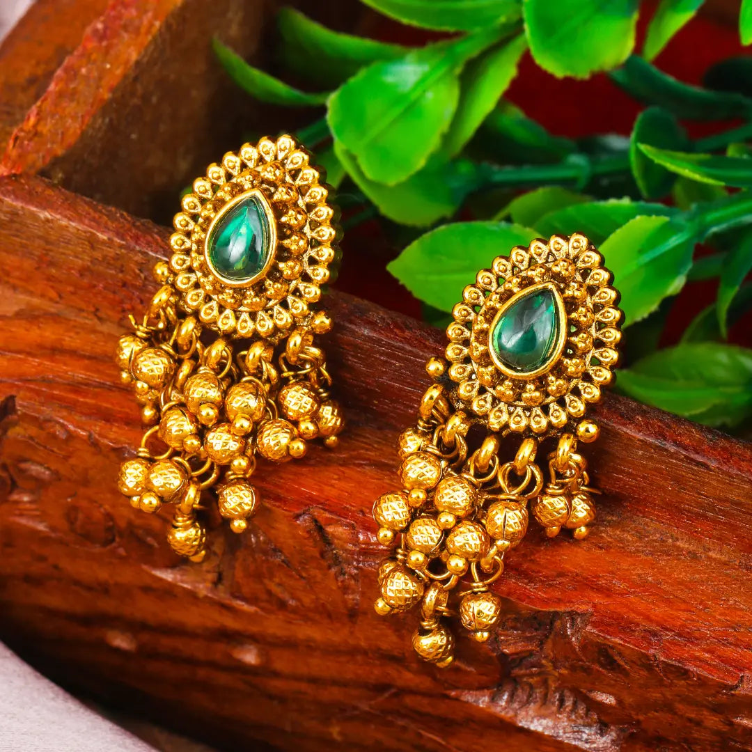 Elegant Minimal Temple Bali Earrings – Gold-Plated Ruby Pearl Design R-2153